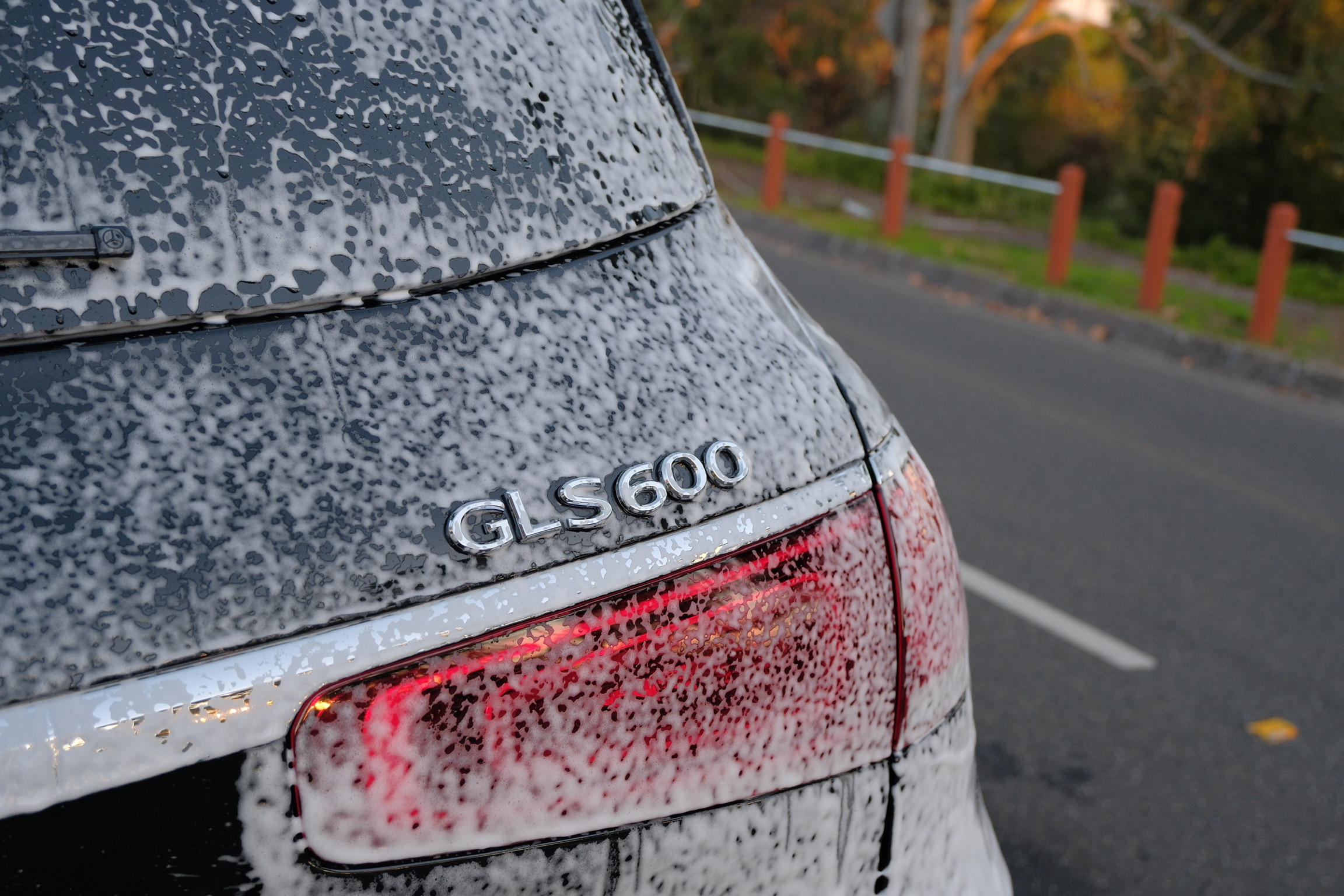 Mercedes-Maybach GLS 600 badge with snow foam